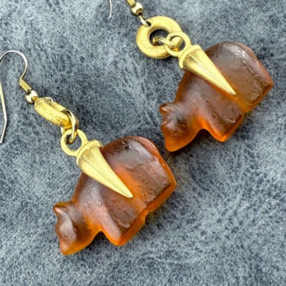 Vintage Bear Gold Tone Dangle Pierced Ear Earrings Pressed Molded Amber (?) - Picture 10 of 12